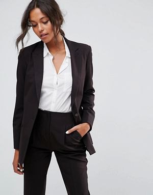 oversized suit jacket with white button shirt and high waisted pants