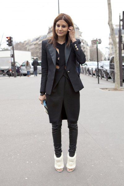 slim fit black dinner jacket with knee length dress