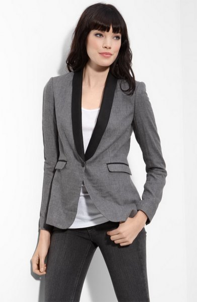 gray and black dinner jacket with white tank top