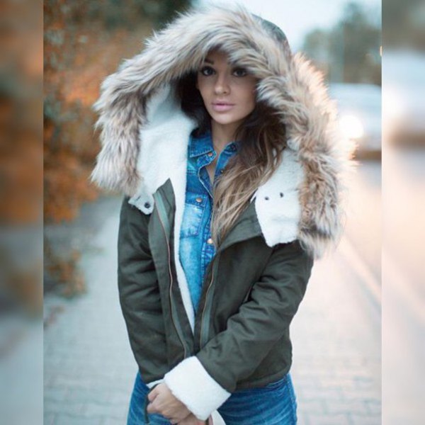 gray fur jacket with blue chambray button