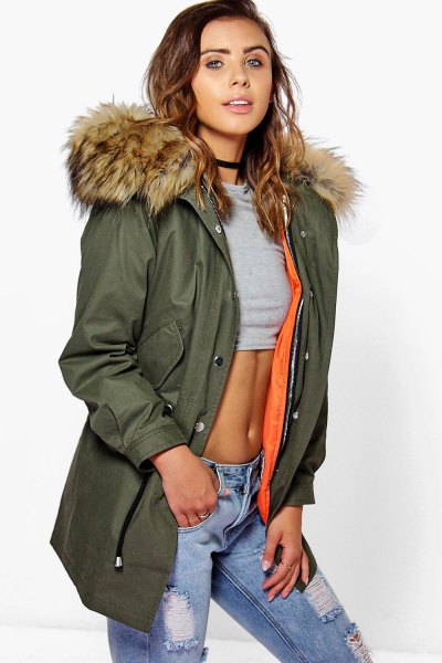 green oversized jacket with gray crop top and boyfriend jeans