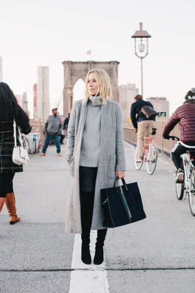 gray maxi wool long jacket with turtleneck chunky sweater