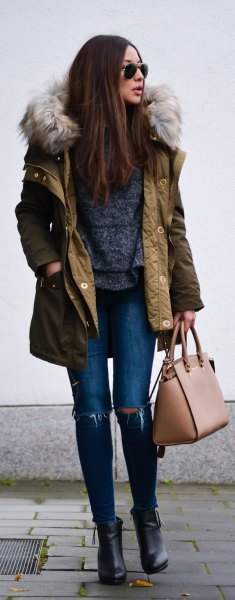 brown faux fur hooded long line bomber jacket with ripped skinny jeans