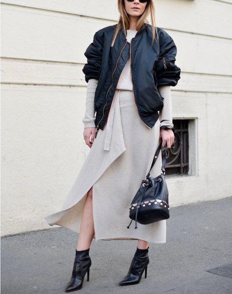 light pink maxi shawl skirt with black casual jacket