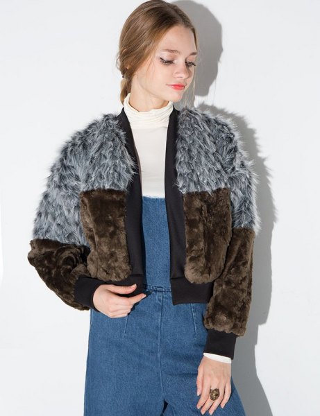 gray and brown color blocks faux fur bomber jacket and denim braces dress