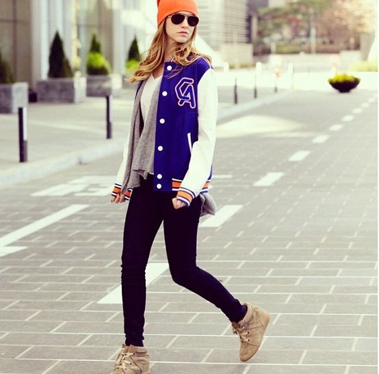 royal blue and white college jacket with chiffon v-top
