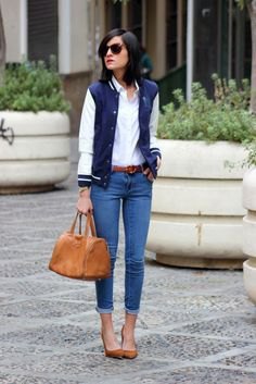 navy jacket with white button up shirt and cuffed slim fit jeans