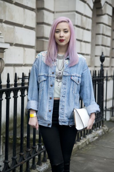 light blue boyfriend clothing jacket with white cropped tee and black jeans