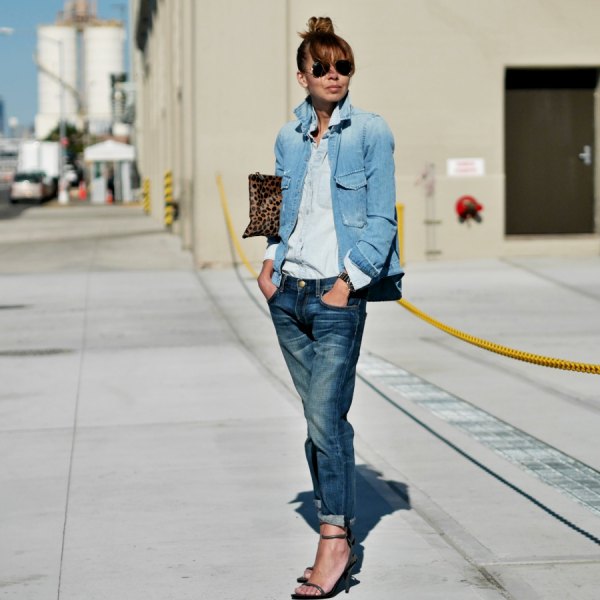 blue denim jacket with light chambray button and straight leg shirt