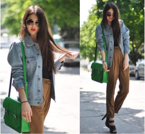 big blue denim jacket with green high waisted chinos