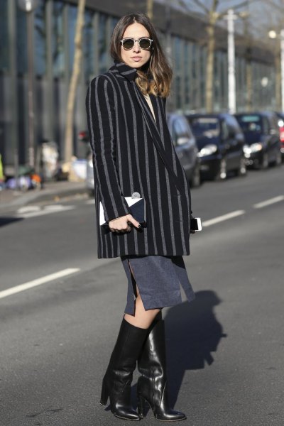 black and gray large blazer jacket with midi straight cut skirt