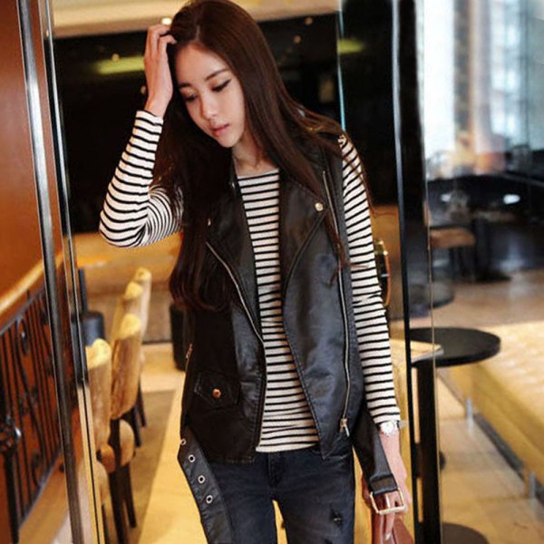leather bicycle vest with black and white striped long sleeve t-shirt