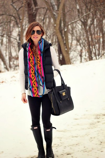 white long-sleeved tee with rainbow-colored scarf