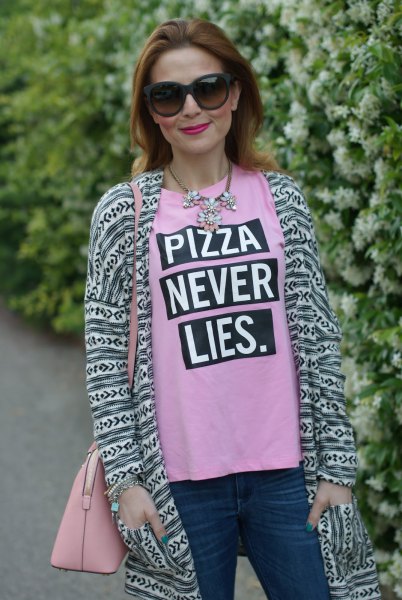 pink printed t-shirt with longline stem style cardigan