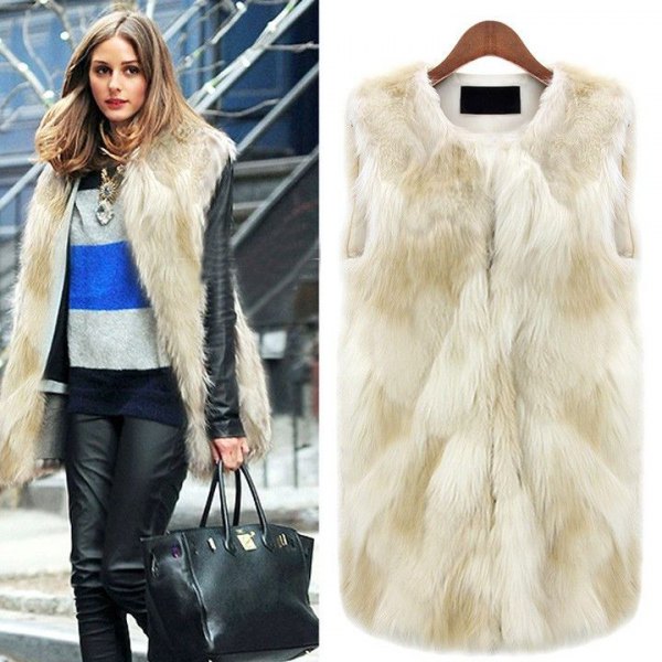white long fur vest with blue and gray color blouse