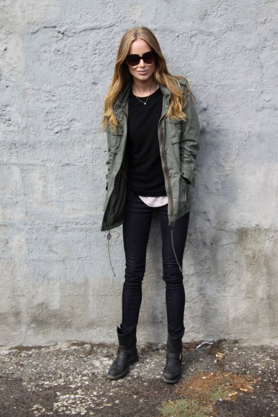 dark gray tool jacket with black sweater and white tee