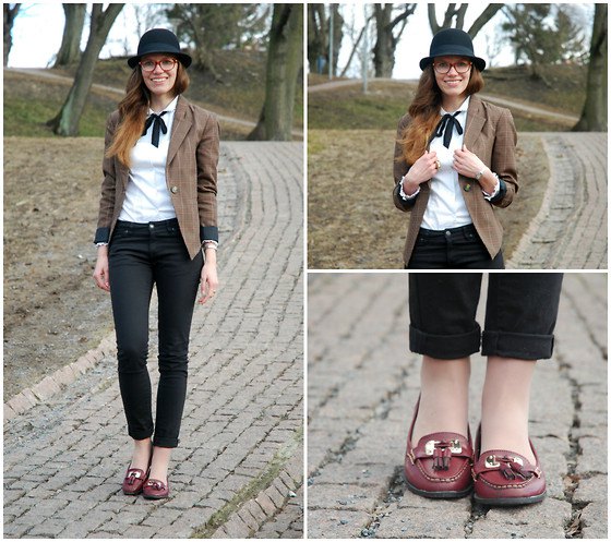 gray suede jacket with white blouse and burgundy loaf