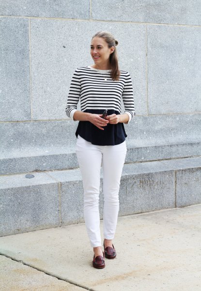 black and white striped long sleeve cropped tee with blouse