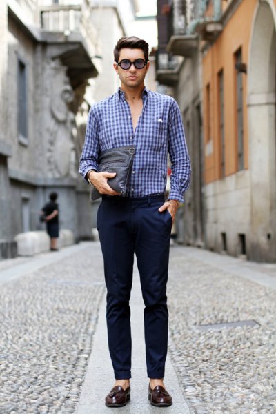 checkered blue shirt with navy blue slim fit chinos and loafers