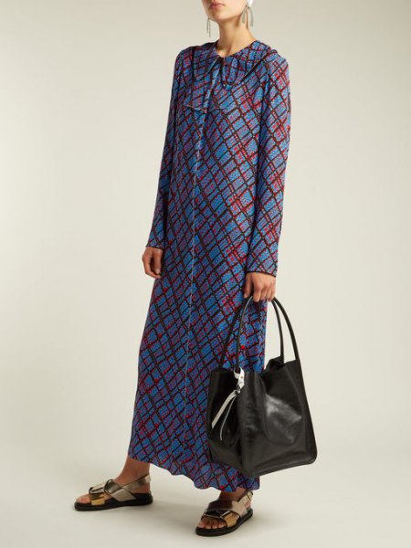 blue and gray checkered button up maxi dress with black soft leather handbag