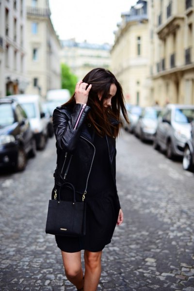 black leather jacket with mini dress and handbag