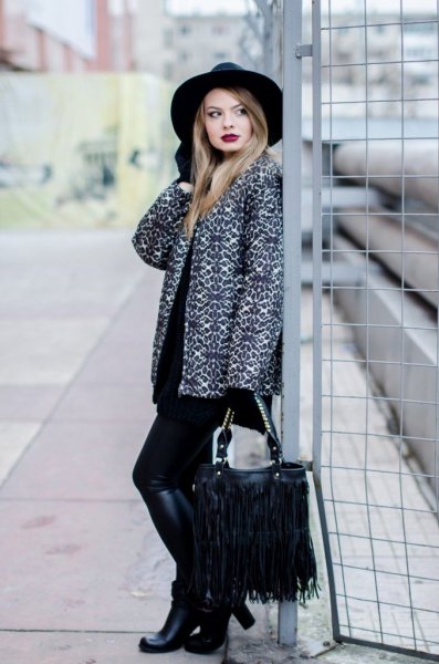 leopard print with black knee-high boots and fringe bag