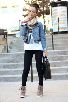 blue fitted denim jacket with white print tee and gray wedge buttons