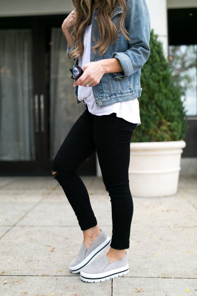 blue denim jacket with white casual fit tee and gray canvas platform shoe