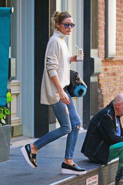 light heather gray mock neck sweater with leather platform shoes