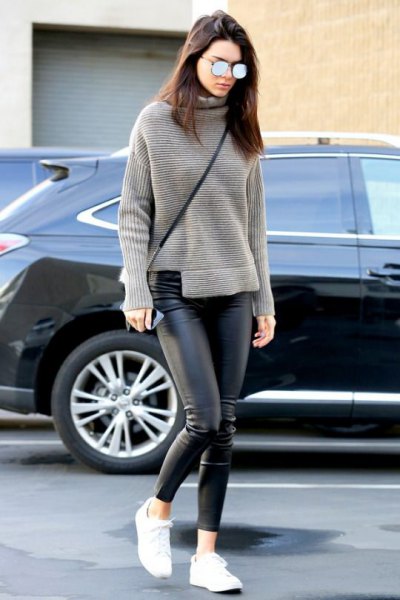 gray turtleneck casual fit knit sweater with black leather leggings
