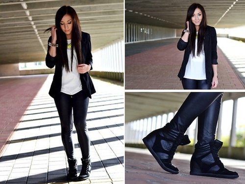 blazer jacket with white chiffon sweater and platform shoes in black leather