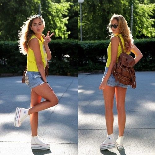 lemon yellow tank top with blue denim shorts and white high top platform sneakers