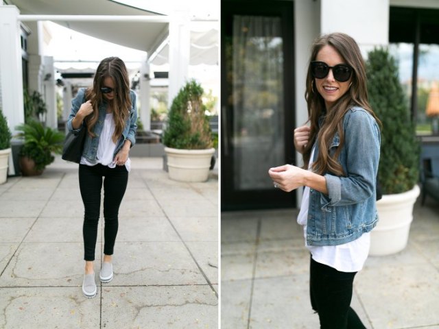 blue denim jacket with white blouse and black skinny cropped jeans