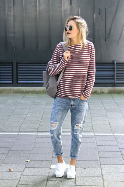 gray and white striped long sleeve tee with cuffs in the cuff