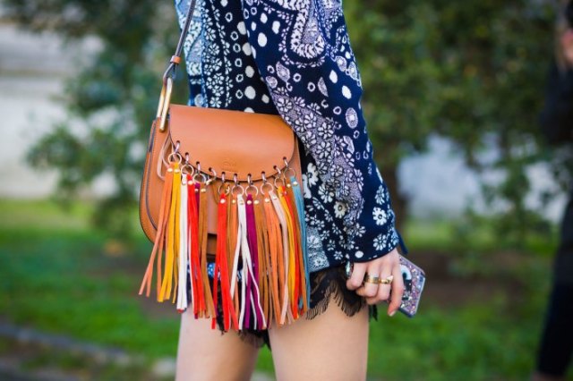 navy blue long sleeve tribal printed mini shift dress with brown leather fringe bag