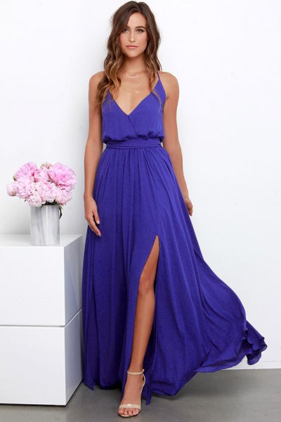 long purple deep v-neck gathered waist high split flowing dress