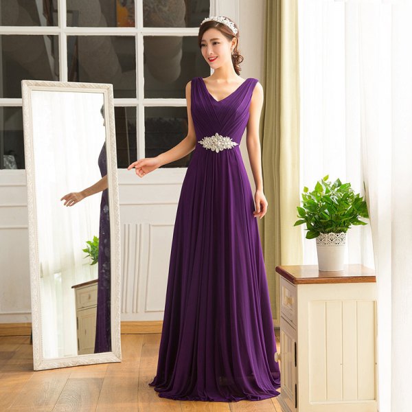 deep purple v-neck belt sleeve floor length long dress