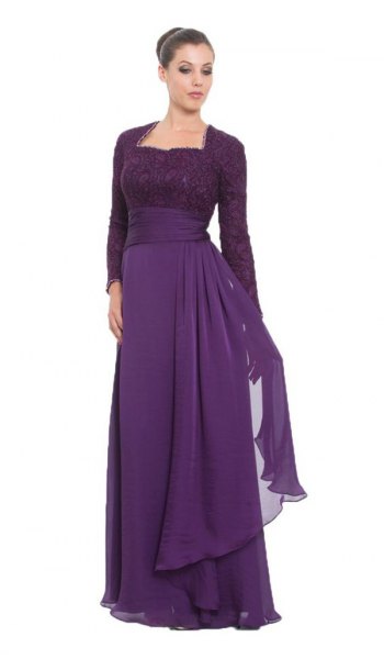 long purple sleeve with two tinted lace and chiffon dress