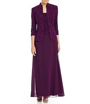 deep purple chiffon long dress with matching slim fit blazer