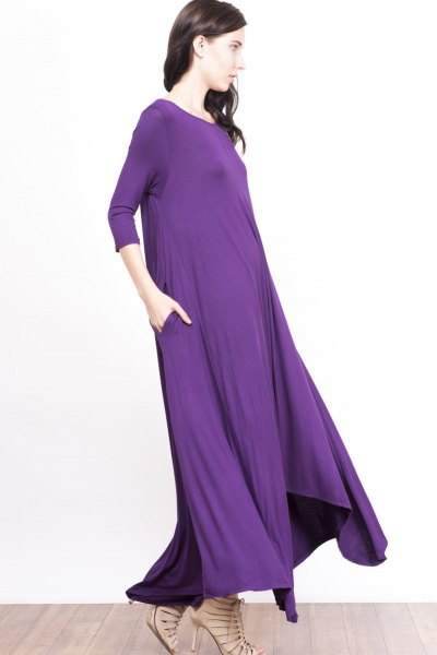 purple square sleeve floor-length shift dress with nude strappy heels