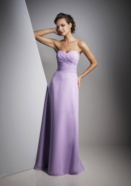 pale purple fit and flare strapless floor length dress