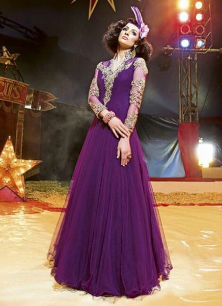 chiffon purple semi sheer floor length pleated flared dress