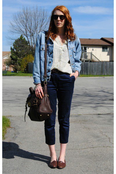 blue denim jacket with black cropped slim fit jeans and brown leather boards