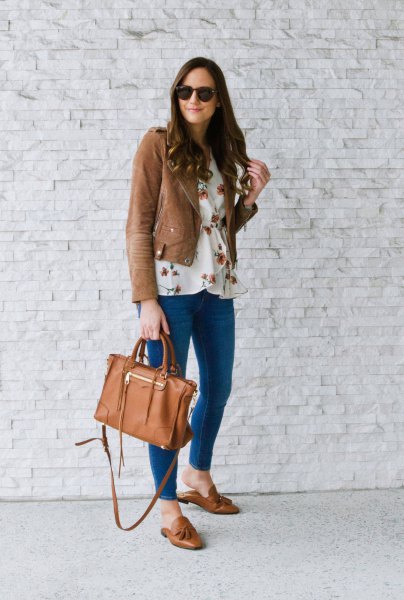 white floral printed blouse with brown leather jacket with matching loafers