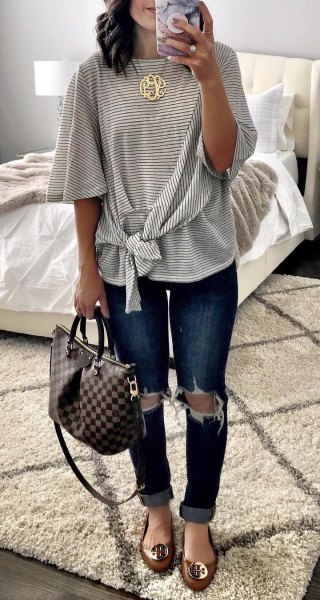 knotted wide neck warm striped tee with heavily ripped skinny jeans