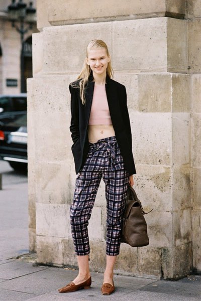 black long-line blazer with checkered cropped casual fit pants