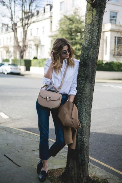 white button up shirt with black cropped leather leggings and backless loafers