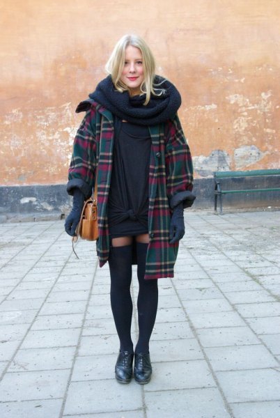 dark blue checked long coat with infinity scarf