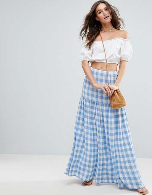 high waist maxi skirt from shoulder cropped blouse
