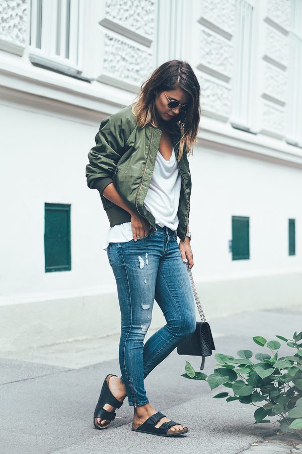 casual style green bomber jacket